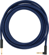 The image shows a professional instrument cable with a braided blue fabric sleeve, gold-plated 1/4" TS connectors—one straight and one right-angled for reduced strain. The durable shielding helps prevent interference, ensuring clear signal transmission. Ideal for electric guitars, basses, and keyboards, it combines durability and versatility for high-quality audio performance.