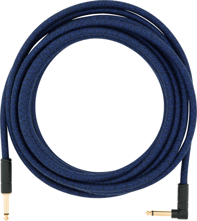 The image shows a professional instrument cable with a braided blue fabric sleeve, gold-plated 1/4" TS connectors—one straight and one right-angled for reduced strain. The durable shielding helps prevent interference, ensuring clear signal transmission. Ideal for electric guitars, basses, and keyboards, it combines durability and versatility for high-quality audio performance.