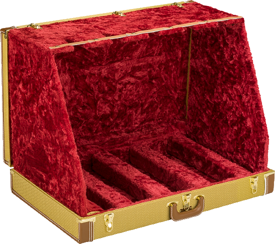 The image shows a professional multi-guitar case with a hard shell and tweed-textured exterior. It features gold/brass hardware, multiple padded compartments for electric guitars, and a luxurious red crushed velvet interior lining for protection. Designed for musicians, collectors, and studios, this premium case offers secure transport and storage, safeguarding instruments from scratches, impacts, and environmental damage.