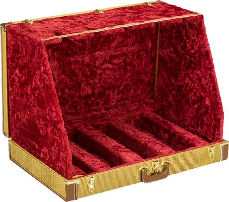 The image shows a professional multi-guitar case with a hard shell and tweed-textured exterior. It features gold/brass hardware, multiple padded compartments for electric guitars, and a luxurious red crushed velvet interior lining for protection. Designed for musicians, collectors, and studios, this premium case offers secure transport and storage, safeguarding instruments from scratches, impacts, and environmental damage.
