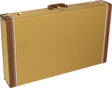 The image shows a classic hardshell guitar case with a vintage-inspired design. It features a tan textured exterior, brown leather or vinyl binding, and gold metal hardware. The sturdy rectangular case offers strong protection and secure latches. Its tweed-style look is favored by musicians for combining vintage aesthetics with functionality. Only the exterior is visible in the image.