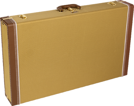 The image shows a classic hardshell guitar case with a vintage-inspired design. It features a tan textured exterior, brown leather or vinyl binding, and gold metal hardware. The sturdy rectangular case offers strong protection and secure latches. Its tweed-style look is favored by musicians for combining vintage aesthetics with functionality. Only the exterior is visible in the image.