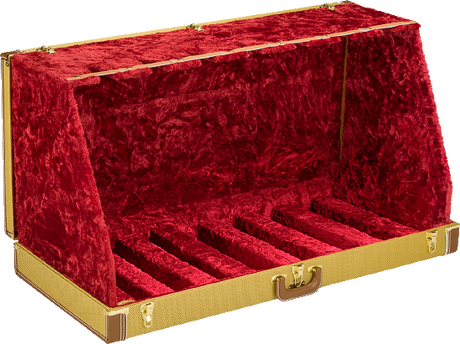 The image shows a multi-guitar display case with a deep red crushed velvet interior, gold/brass trim and hardware, and multiple neck slots holding 5-7 guitars. It has a hard shell exterior with professional latches and hinges. Designed for collectors, stores, or touring musicians, it offers secure, scratch-protective storage and an elegant, premium look ideal for transport and display.