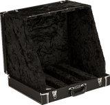 The image shows an open black hard-shell guitar case with a plush, velvet-like interior. It features metal corner reinforcements, latches, a side handle, and padded compartments designed to securely hold and separate multiple guitars. This professional-grade case is built for safe transport and protection of several instruments, commonly used by musicians, guitar techs, or collectors.