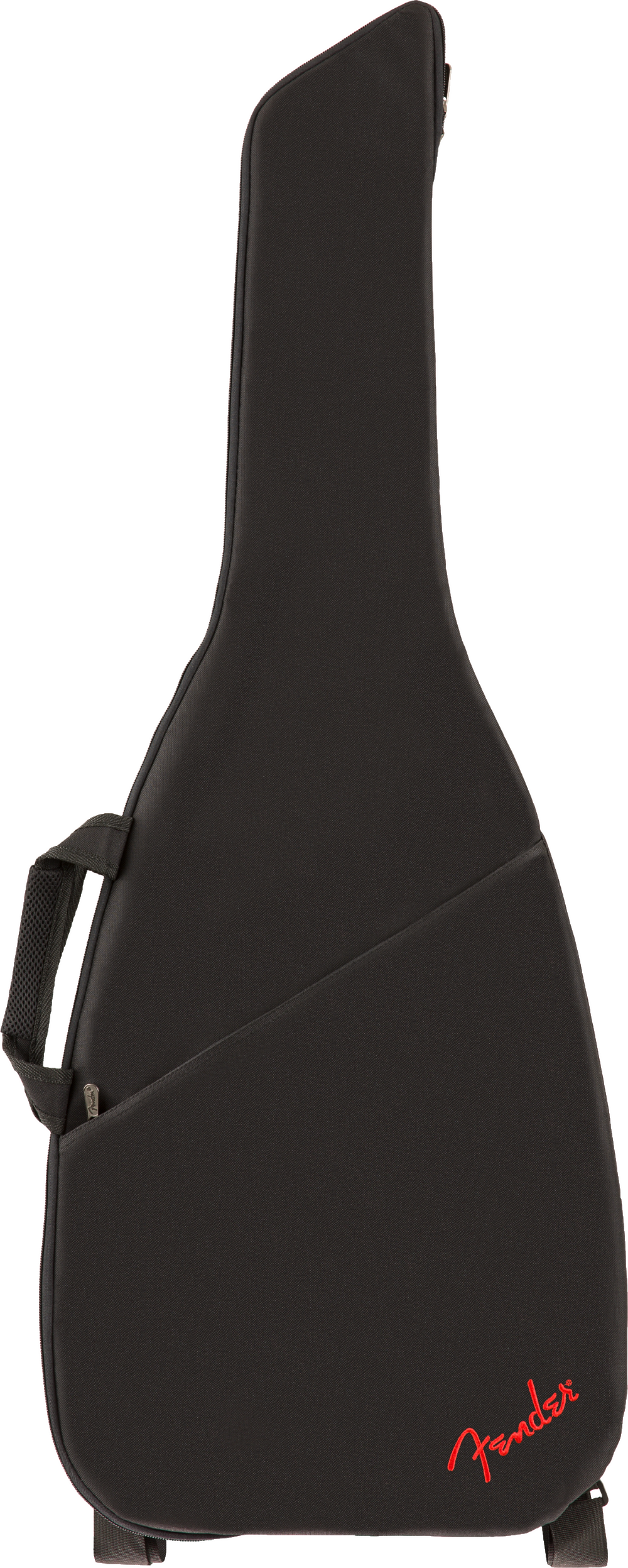 The image shows a black Fender guitar gig bag designed for an electric guitar. It features durable padded fabric, a side carrying handle, a zippered closure, and the red Fender logo at the bottom. The bag has an ergonomic guitar-shaped profile and offers lightweight, protective transport for musicians, providing cushioning and weather resistance as a soft case alternative.