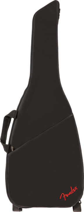 The image shows a black Fender guitar gig bag designed for an electric guitar. It features durable padded fabric, a side carrying handle, a zippered closure, and the red Fender logo at the bottom. The bag has an ergonomic guitar-shaped profile and offers lightweight, protective transport for musicians, providing cushioning and weather resistance as a soft case alternative.