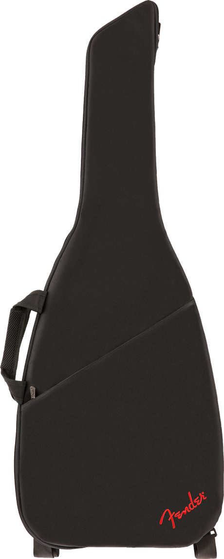 The image shows a black Fender guitar gig bag designed for an electric guitar. It features durable padded fabric, a side carrying handle, a zippered closure, and the red Fender logo at the bottom. The bag has an ergonomic guitar-shaped profile and offers lightweight, protective transport for musicians, providing cushioning and weather resistance as a soft case alternative.
