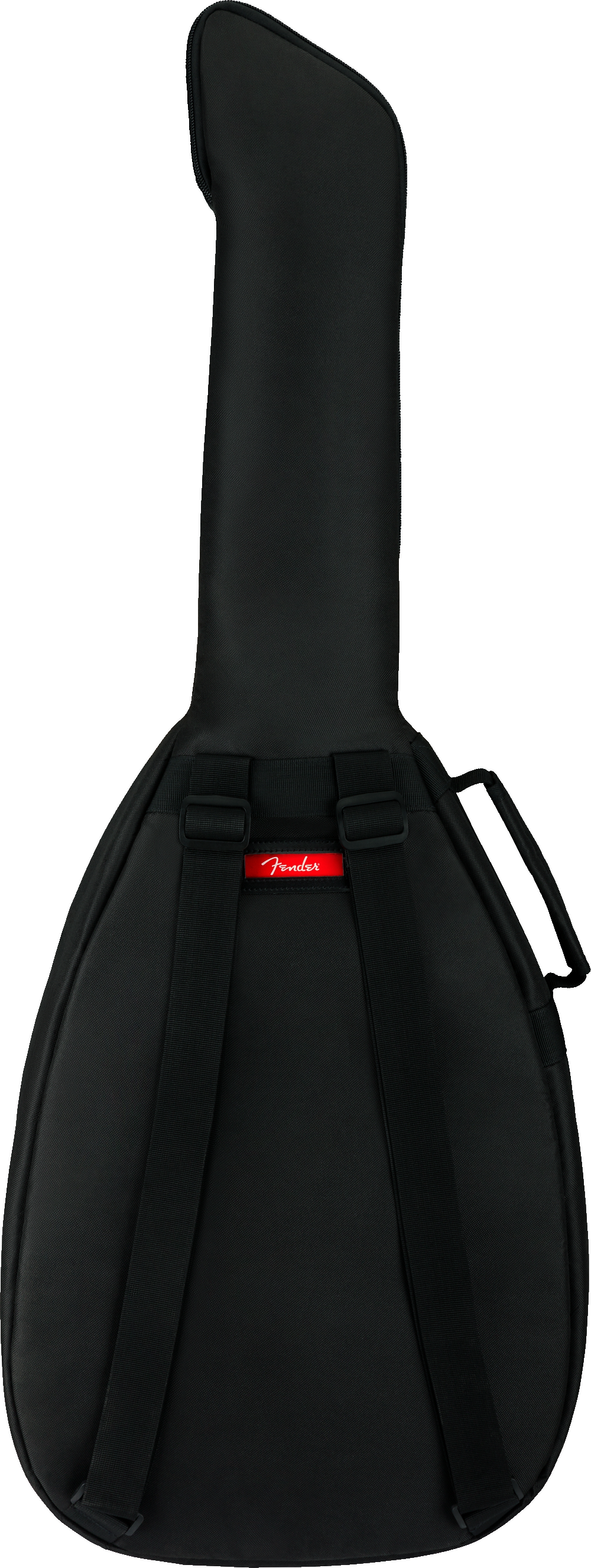 The image shows a black Fender guitar gig bag with red logo branding. It features padded, soft construction, backpack-style straps, and a top handle for easy carrying. The bag’s guitar-shaped design provides protection and a snug fit for electric or acoustic guitars, making it a practical, lightweight accessory trusted by musicians for safe transport and minor protection.