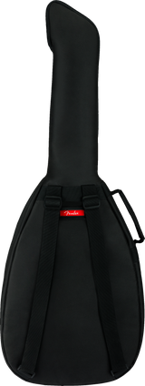 The image shows a black Fender guitar gig bag with red logo branding. It features padded, soft construction, backpack-style straps, and a top handle for easy carrying. The bag’s guitar-shaped design provides protection and a snug fit for electric or acoustic guitars, making it a practical, lightweight accessory trusted by musicians for safe transport and minor protection.