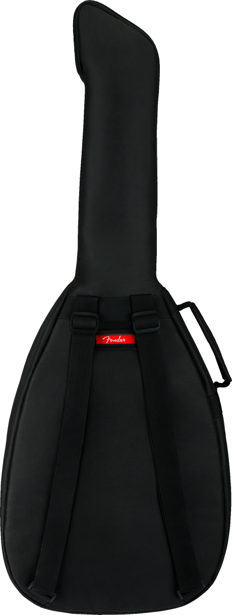 The image shows a black Fender guitar gig bag with red logo branding. It features padded, soft construction, backpack-style straps, and a top handle for easy carrying. The bag’s guitar-shaped design provides protection and a snug fit for electric or acoustic guitars, making it a practical, lightweight accessory trusted by musicians for safe transport and minor protection.