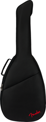 The image shows a black padded Fender guitar gig bag with a guitar-shaped profile, zippered closure, and carrying handles. It features the red Fender logo at the bottom. This soft case offers lightweight protection and portability for transporting acoustic or electric guitars, making it essential gear for musicians on the move.