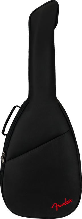 The image shows a black padded Fender guitar gig bag with a guitar-shaped profile, zippered closure, and carrying handles. It features the red Fender logo at the bottom. This soft case offers lightweight protection and portability for transporting acoustic or electric guitars, making it essential gear for musicians on the move.