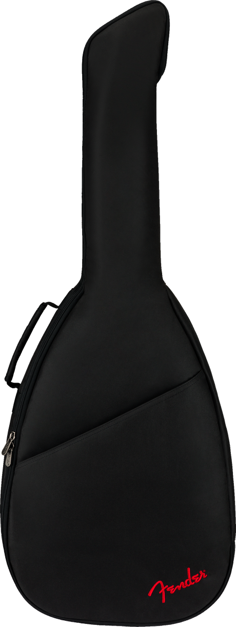 The image shows a black padded Fender guitar gig bag with a guitar-shaped profile, zippered closure, and carrying handles. It features the red Fender logo at the bottom. This soft case offers lightweight protection and portability for transporting acoustic or electric guitars, making it essential gear for musicians on the move.