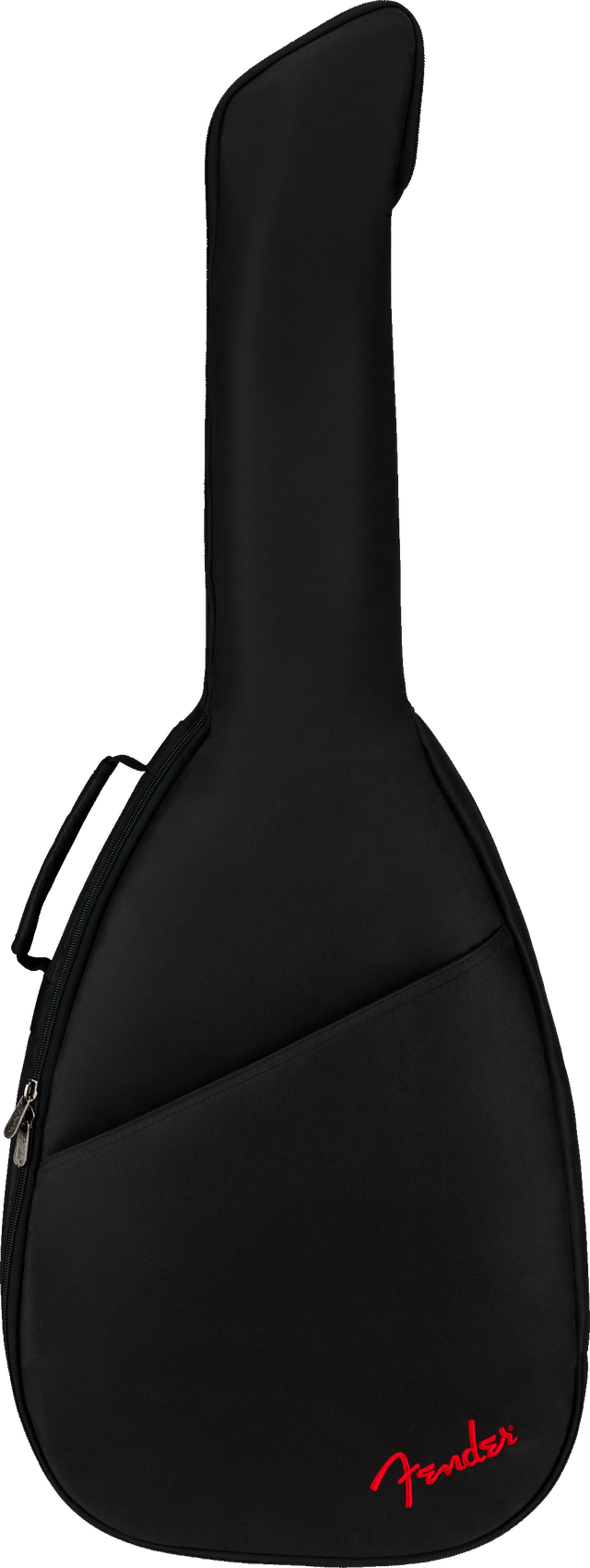 The image shows a black padded Fender guitar gig bag with a guitar-shaped profile, zippered closure, and carrying handles. It features the red Fender logo at the bottom. This soft case offers lightweight protection and portability for transporting acoustic or electric guitars, making it essential gear for musicians on the move.