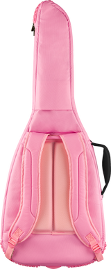 The image shows a bright pink padded guitar gig bag with a tapered guitar shape. It features backpack-style mesh-padded shoulder straps, a top carry handle, and a full-length zipper. Designed for protection and easy transport, this soft case is popular with guitarists for its comfort, padding, and standout color.