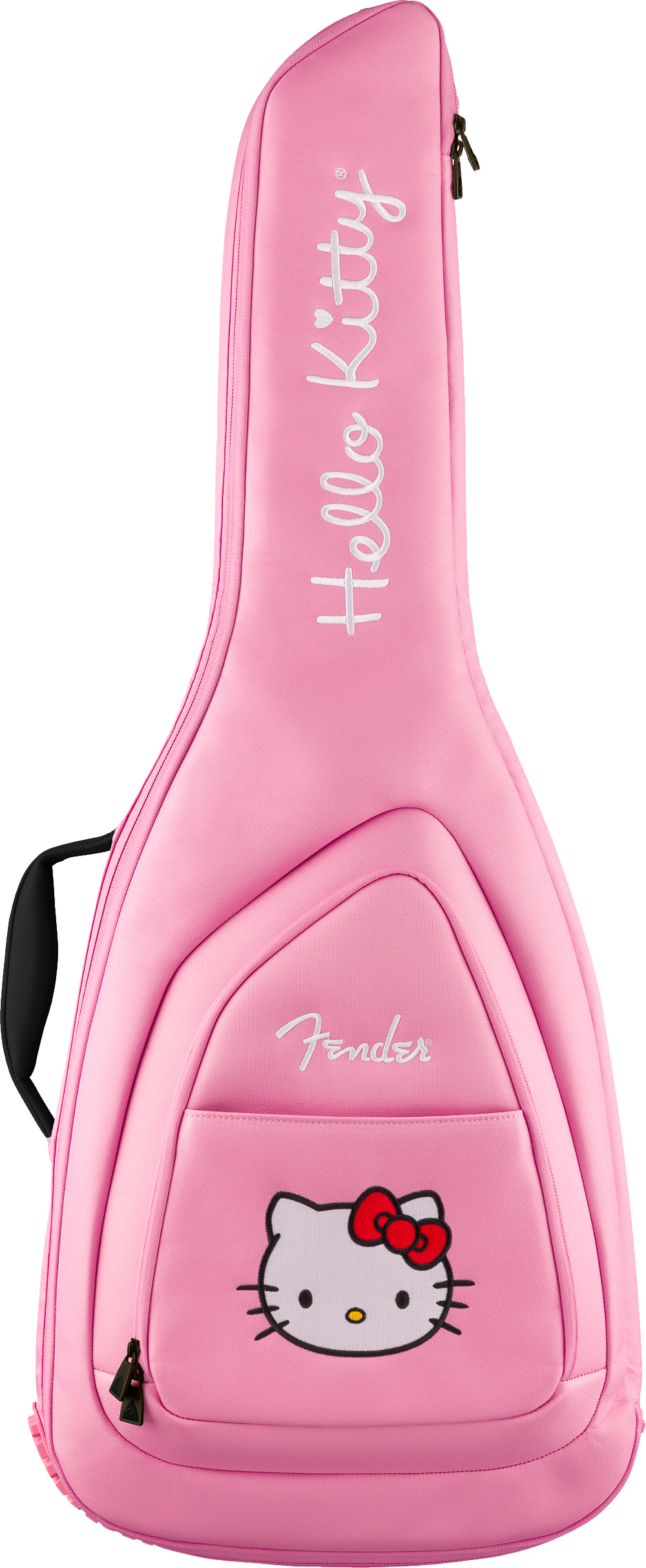 The image shows a bright pink Fender guitar gig bag with a Hello Kitty theme. It features white "Hello Kitty" text printed vertically, the Hello Kitty character with a red bow on the front pocket, padded construction, backpack-style straps, a front accessory pocket, and zipper closures. This official collaboration blends Fender guitar protection with Sanrio’s iconic character design.