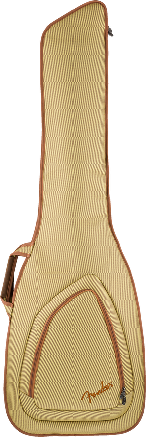 A tweed Fender electric bass guitar bag with a comfortable handle and backpack straps.