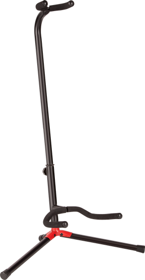 The image shows a tripod-style guitar stand with a black powder-coated finish and a red accent near the base. It features three foldable legs for stability, adjustable height, padded cradles to protect the guitar body, and an upper arm for neck support. Compact and foldable, it is designed to securely hold acoustic or electric guitars, making it ideal for home, studio, or stage use.