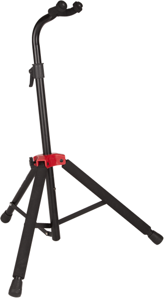 The image shows a tripod-style guitar stand with a black metal frame and three adjustable legs for stability. It has a curved neck support at the top, a red adjustment collar in the middle, and rubber padding on contact points to protect the guitar’s finish. The height is adjustable to fit various guitar sizes. This portable, stable stand is suitable for acoustic, electric, and bass guitars, keeping them secure and easily accessible.