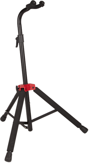 The image shows a tripod-style guitar stand with a black metal frame and three adjustable legs for stability. It has a curved neck support at the top, a red adjustment collar in the middle, and rubber padding on contact points to protect the guitar’s finish. The height is adjustable to fit various guitar sizes. This portable, stable stand is suitable for acoustic, electric, and bass guitars, keeping them secure and easily accessible.