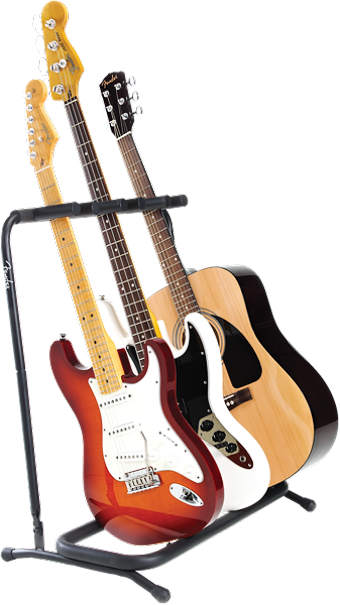 The image shows a black metal guitar stand holding three guitars: a red Stratocaster-style electric with a white pickguard and maple neck; a dark-colored electric guitar of similar style; and an acoustic guitar with a natural light wood top and darker back and sides. This setup is typical for music stores, studios, or practice spaces to organize and display multiple guitars securely and accessibly.