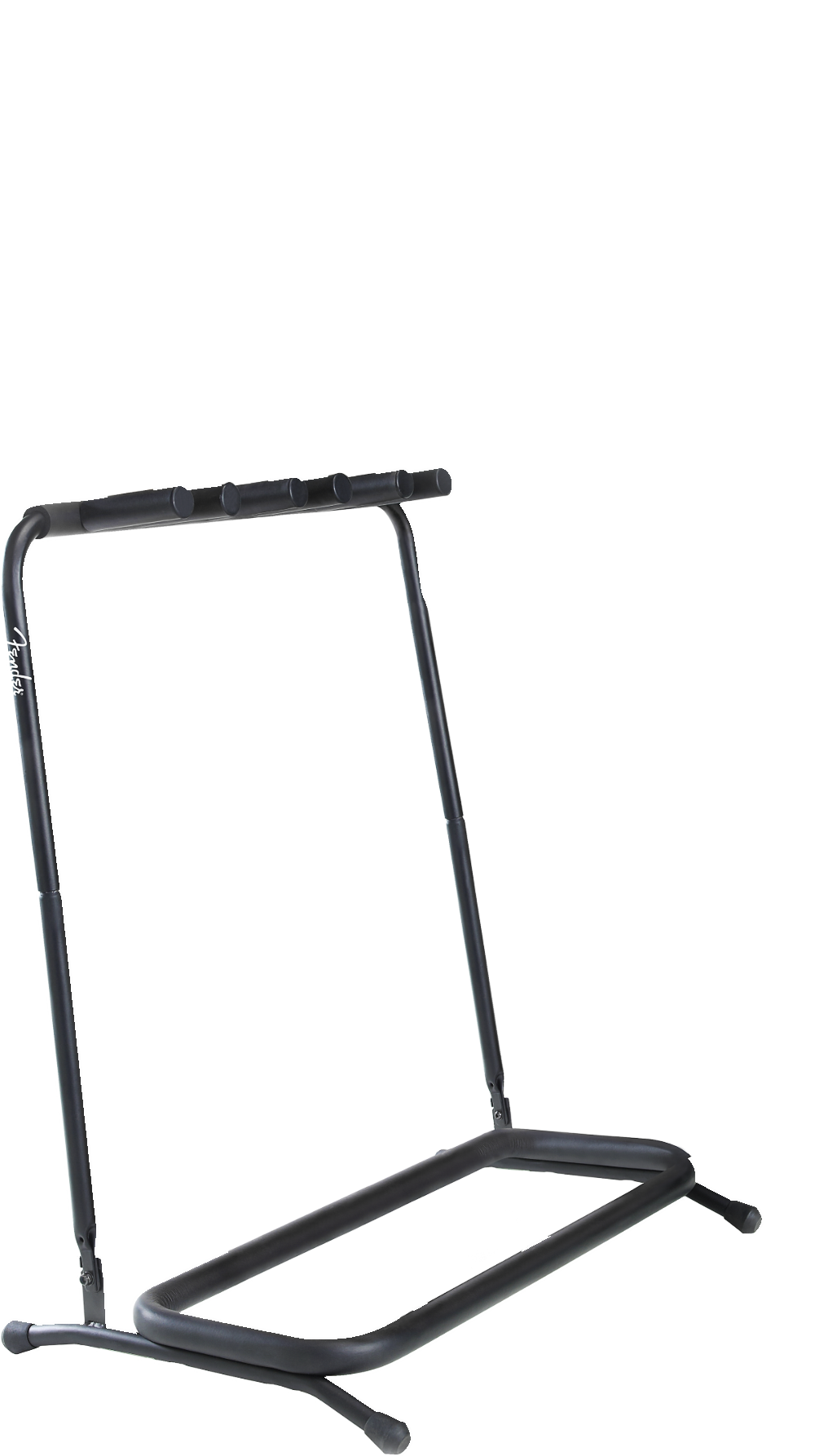 The image shows a black metal multi-guitar stand, likely holding 5-7 guitars, with a sturdy A-frame base for stability. It has padded cradles along the top bar to secure guitar necks, adjustable joints for folding or transport, and a visible "Fender" brand name. Designed for musicians or stores, it offers organized, safe storage and easy access while protecting guitars from damage.