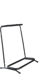 The image shows a black metal multi-guitar stand, likely holding 5-7 guitars, with a sturdy A-frame base for stability. It has padded cradles along the top bar to secure guitar necks, adjustable joints for folding or transport, and a visible "Fender" brand name. Designed for musicians or stores, it offers organized, safe storage and easy access while protecting guitars from damage.