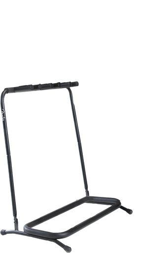 The image shows a black metal multi-guitar stand, likely holding 5-7 guitars, with a sturdy A-frame base for stability. It has padded cradles along the top bar to secure guitar necks, adjustable joints for folding or transport, and a visible "Fender" brand name. Designed for musicians or stores, it offers organized, safe storage and easy access while protecting guitars from damage.