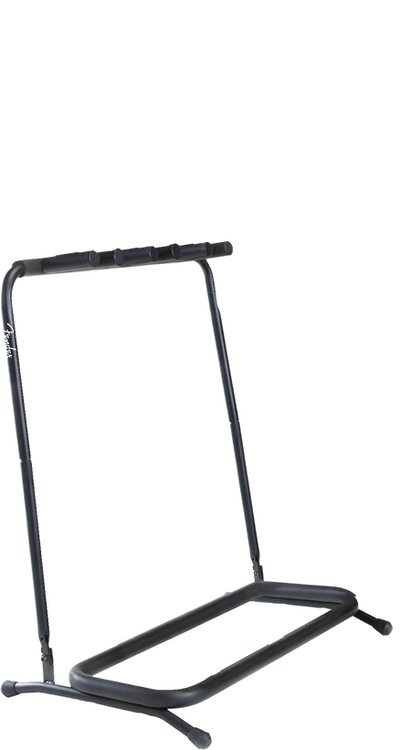 The image shows a black metal multi-guitar stand, likely holding 5-7 guitars, with a sturdy A-frame base for stability. It has padded cradles along the top bar to secure guitar necks, adjustable joints for folding or transport, and a visible "Fender" brand name. Designed for musicians or stores, it offers organized, safe storage and easy access while protecting guitars from damage.