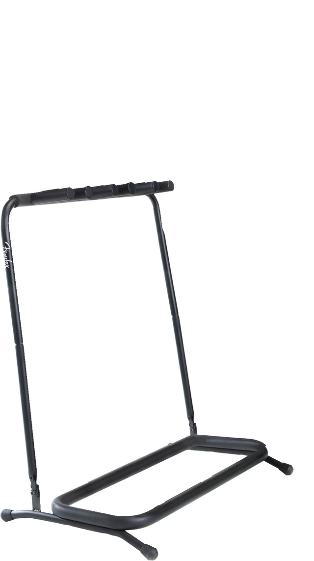 The image shows a black metal multi-guitar stand, likely holding 5-7 guitars, with a sturdy A-frame base for stability. It has padded cradles along the top bar to secure guitar necks, adjustable joints for folding or transport, and a visible "Fender" brand name. Designed for musicians or stores, it offers organized, safe storage and easy access while protecting guitars from damage.