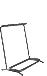 The image shows a black metal multi-guitar stand with a tripod base and angled top rail holding five guitar neck holders. It features adjustable height, a sturdy rack-style design, and a visible "Fender" logo. The stand supports various guitars, including acoustic, electric, and bass, for secure and accessible storage, commonly used by musicians, studios, and music stores.
