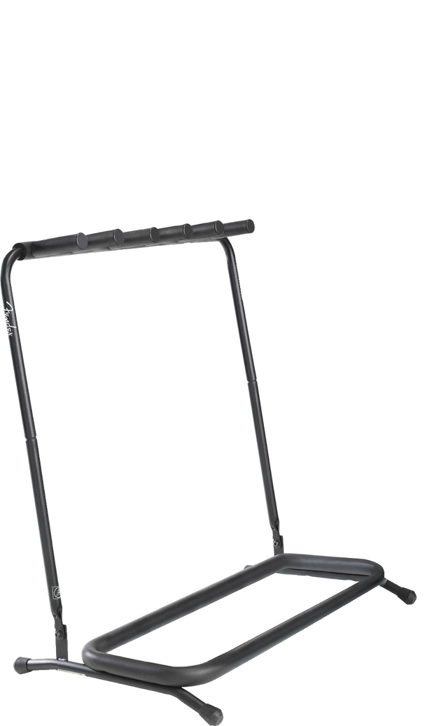 The image shows a black metal multi-guitar stand with a tripod base and angled top rail holding five guitar neck holders. It features adjustable height, a sturdy rack-style design, and a visible "Fender" logo. The stand supports various guitars, including acoustic, electric, and bass, for secure and accessible storage, commonly used by musicians, studios, and music stores.