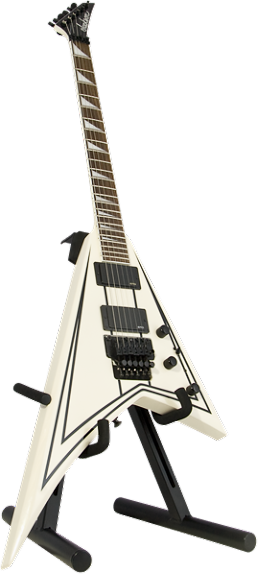 The image shows a white/cream Flying V electric guitar with black pickguards, hardware, and trim. It has a dark neck and headstock, multiple humbucker pickups, and a Floyd Rose-style tremolo bridge. The angular V-shaped body is supported by a black stand. This iconic design is popular in rock and metal genres, favored for its distinctive look and tremolo system that enables pitch bending effects.