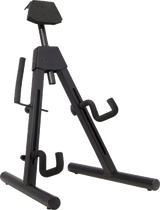 The image shows a black, adjustable tripod-style guitar stand with a stable metal base. It features padded contact points at the top and neck supports to protect the guitar’s finish. The A-frame, foldable legs provide portability, and multiple contact points cradle both the body and neck. Suitable for acoustic and electric guitars, it’s commonly used to securely hold instruments in homes, studios, and performance spaces.
