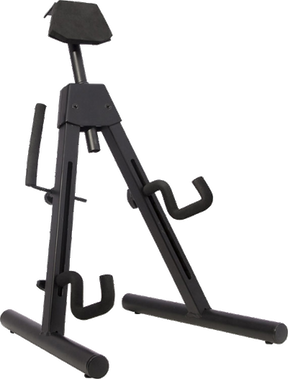 The image shows a black, adjustable tripod-style guitar stand with a stable metal base. It features padded contact points at the top and neck supports to protect the guitar’s finish. The A-frame, foldable legs provide portability, and multiple contact points cradle both the body and neck. Suitable for acoustic and electric guitars, it’s commonly used to securely hold instruments in homes, studios, and performance spaces.