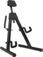 The image shows a black, adjustable tripod-style guitar stand with a stable metal base. It features padded contact points at the top and neck supports to protect the guitar’s finish. The A-frame, foldable legs provide portability, and multiple contact points cradle both the body and neck. Suitable for acoustic and electric guitars, it’s commonly used to securely hold instruments in homes, studios, and performance spaces.