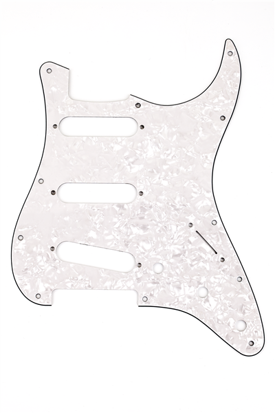 The image shows a Stratocaster-style guitar pickguard with a white pearl finish, featuring a classic shape with three single-coil pickup cavities, multiple screw holes, control cutouts, and the characteristic upper horn and lower bout. This aftermarket pickguard is designed for both protecting the guitar’s body and enhancing its appearance with a shimmering, pearloid look.