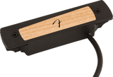 The image shows a soundhole pickup for acoustic guitars with a black plastic housing and a wood-grain top panel featuring a logo. Designed to fit into the soundhole, it converts string vibrations into electrical signals for amplification. Popular for live and recording use, it has an attached cable to connect to amps or audio equipment, blending natural acoustic tone with amplified sound.
