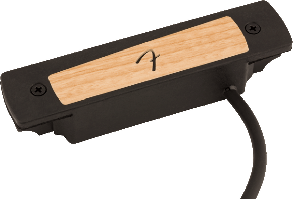 The image shows a soundhole pickup for acoustic guitars with a black plastic housing and a wood-grain top panel featuring a logo. Designed to fit into the soundhole, it converts string vibrations into electrical signals for amplification. Popular for live and recording use, it has an attached cable to connect to amps or audio equipment, blending natural acoustic tone with amplified sound.