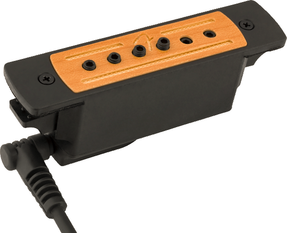 The image shows a black guitar pickup with an orange top plate featuring six magnetic pole pieces and mounting screws. It includes a connecting cable for audio output and is designed to be mounted in or on an acoustic guitar’s sound hole or body. This pickup converts string vibrations into electrical signals for amplification, allowing each of the six strings to be detected individually for improved sound quality.