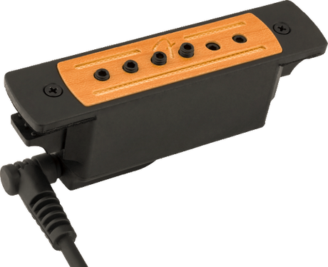 The image shows a black guitar pickup with an orange top plate featuring six magnetic pole pieces and mounting screws. It includes a connecting cable for audio output and is designed to be mounted in or on an acoustic guitar’s sound hole or body. This pickup converts string vibrations into electrical signals for amplification, allowing each of the six strings to be detected individually for improved sound quality.