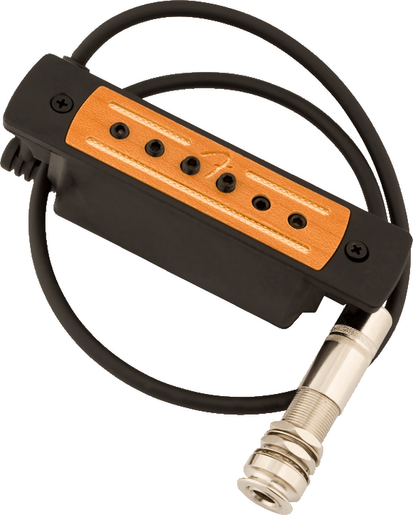 The image shows a humbucker-style electric guitar pickup with an orange/amber top featuring six pole pieces, a black mounting frame with white stitching detail, visible mounting screws, and an output cable ending in a 1/4" instrument jack. This pickup converts string vibrations into electrical signals for amplification and is designed for retrofit or replacement in electric guitars.