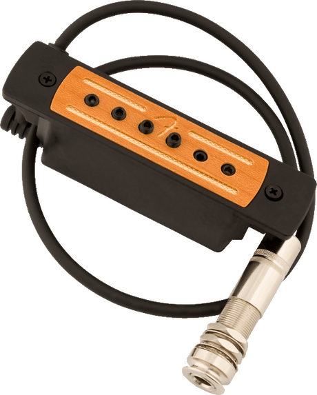 The image shows a humbucker-style electric guitar pickup with an orange/amber top featuring six pole pieces, a black mounting frame with white stitching detail, visible mounting screws, and an output cable ending in a 1/4" instrument jack. This pickup converts string vibrations into electrical signals for amplification and is designed for retrofit or replacement in electric guitars.