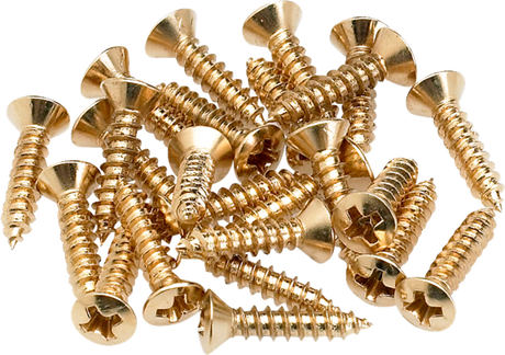 The image shows a collection of gold or brass-colored Phillips head countersunk wood screws. Commonly used in the musical instrument industry, these screws secure tuners, pickguards, bridges, strap buttons, and other hardware on guitars and stringed instruments. Their finish matches other brass components, making them both functional and decorative for instrument assembly, repair, and maintenance.