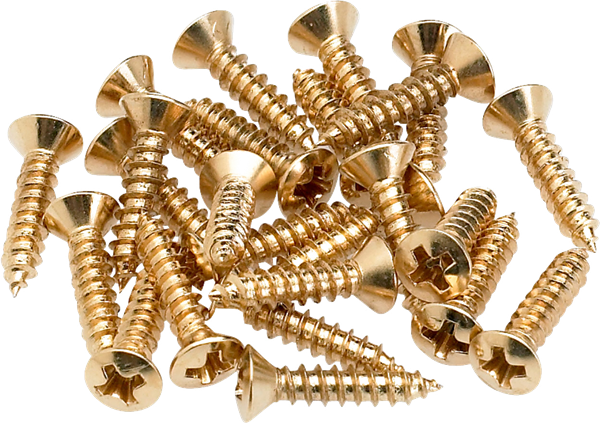 The image shows a collection of gold or brass-colored Phillips head countersunk wood screws. Commonly used in the musical instrument industry, these screws secure tuners, pickguards, bridges, strap buttons, and other hardware on guitars and stringed instruments. Their finish matches other brass components, making them both functional and decorative for instrument assembly, repair, and maintenance.