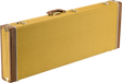 The image shows a classic electric guitar hard case with a golden-yellow tweed exterior, brown leather-like trim, and brass-colored metal hardware. It has a brown leather handle and a rectangular, elongated shape typical of electric guitar cases. The vintage-style tweed covering and reinforced corners provide both a retro aesthetic and sturdy protection for guitars during transport and storage.