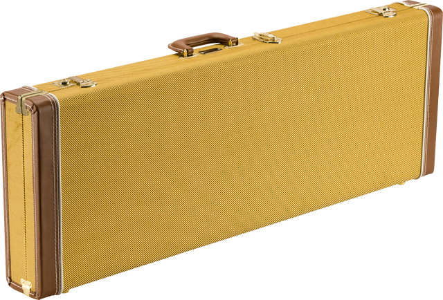 The image shows a classic electric guitar hard case with a golden-yellow tweed exterior, brown leather-like trim, and brass-colored metal hardware. It has a brown leather handle and a rectangular, elongated shape typical of electric guitar cases. The vintage-style tweed covering and reinforced corners provide both a retro aesthetic and sturdy protection for guitars during transport and storage.