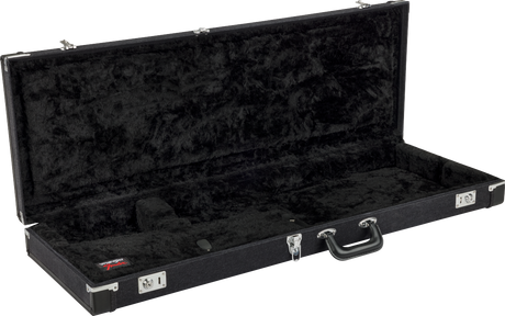 The image shows an open, empty black guitar hard case with a plush black interior lining and molded compartments for the guitar body, neck, and headstock. It features chrome hardware, including latches and a handle, and a rectangular shape suited for electric or bass guitars. A brand marking, likely "Gator," is visible inside. This durable case provides secure protection and safe transport for instruments.