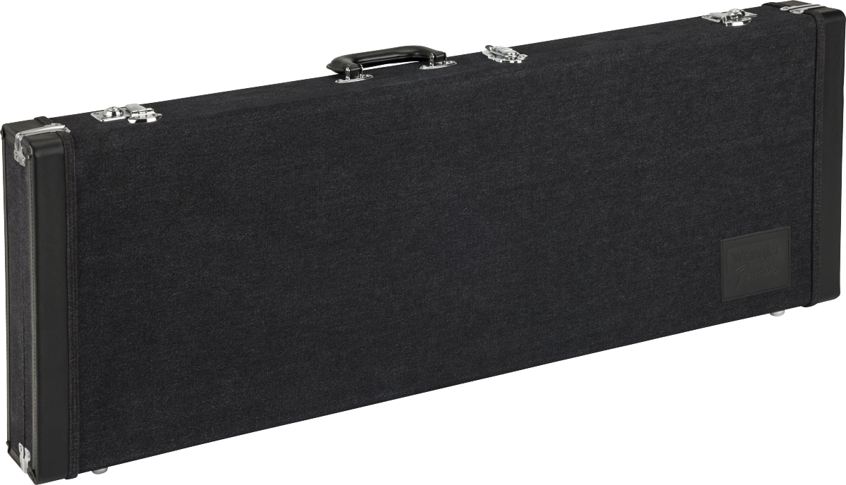 The image shows a black hardshell guitar case with a textured exterior and silver metal hardware, including latches, hinges, and a handle. Its slim, rectangular shape suggests it is designed for an electric guitar. This sturdy case offers superior protection compared to soft bags, making it ideal for musicians transporting guitars to gigs, studios, or storage.