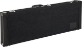 The image shows a black hardshell guitar case with a textured exterior and silver metal hardware, including latches, hinges, and a handle. Its slim, rectangular shape suggests it is designed for an electric guitar. This sturdy case offers superior protection compared to soft bags, making it ideal for musicians transporting guitars to gigs, studios, or storage.